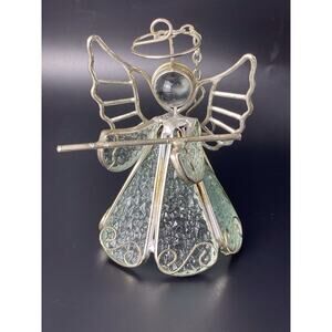 Lead Crystal Slightly Green Tinted Glass Angel Holding Flute Christmas Ornament